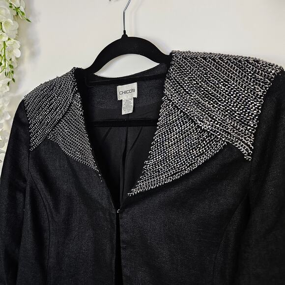 Chicos Black Linen Blend Blazer Sz 2 Large Silver Chain Collar Edgy Chic Office - Picture 5 of 11